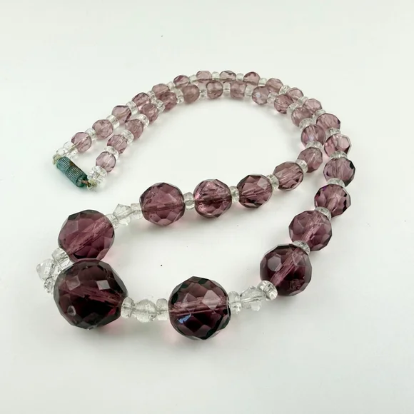 Vintage Czech Amethyst Glass Necklace, Faceted Purple Beads, Art Deco Bohemian - Picture 3 of 7